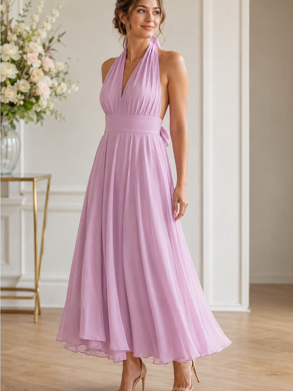 NWT Dusty Lilac Chiffon Open-Back Formal Maxi Dress Large